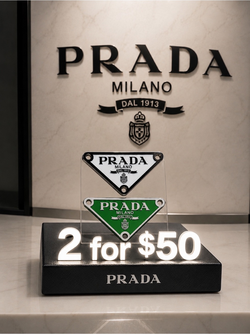 Prada Milano Stamped Triangle Logo charm, pendant,zipper pull White & Green